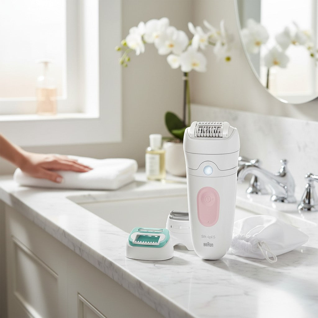 Braun Silk-épil 5 SE5-050 epilator with 28 tweezers, Smartlight, and Wet & Dry use. Includes massage cap and skin contact cap.