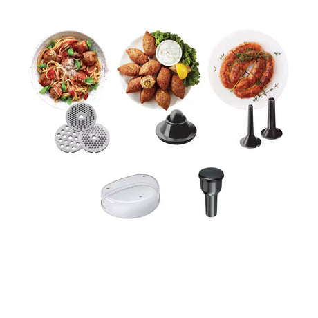 Assorted food items and kitchen tools on a white background