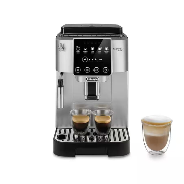 Taghareed De'Longhi Magnifica Start automatic coffee machine in silver and black with touch screen, brewing two espressos and a latte.