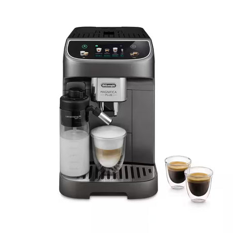 Taghareed De'Longhi Magnifica Evo fully automatic coffee machine in black with a touch screen and milk frother, preparing a latte.
