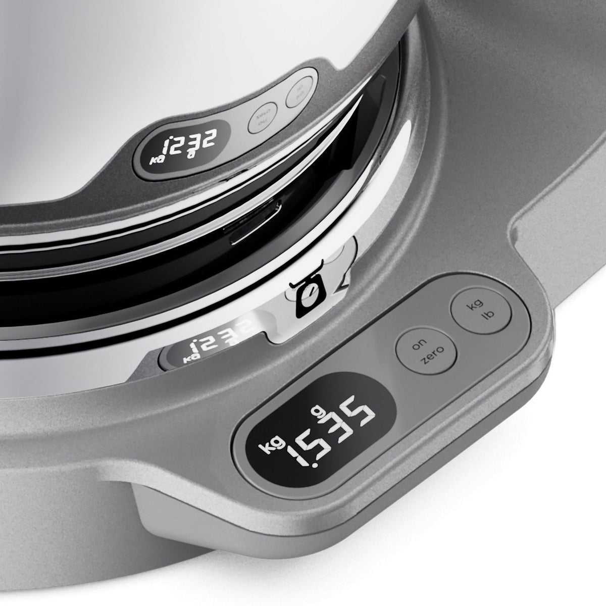 Digital kitchen scale with digital display on a white background