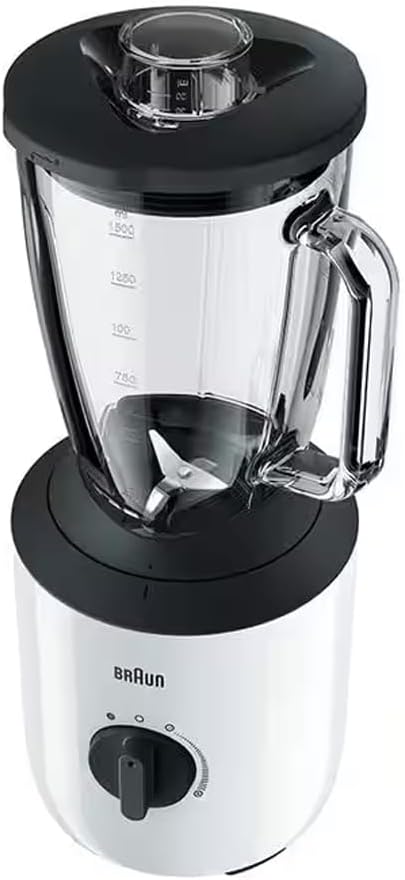 Braun PowerBlend 3 glass jug blender JB 3173 with 800W motor and 1.5L capacity showing the blender's glass jar and control panel.
