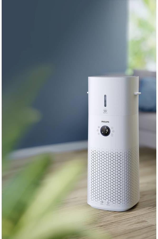 Philips Series 3000 2-in-1 air purifier and humidifier device with control panel and air intake vents, black and silver design