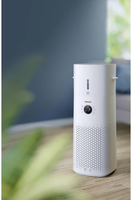 Philips Series 3000 2-in-1 air purifier and humidifier device with control panel and air intake vents, black and silver design