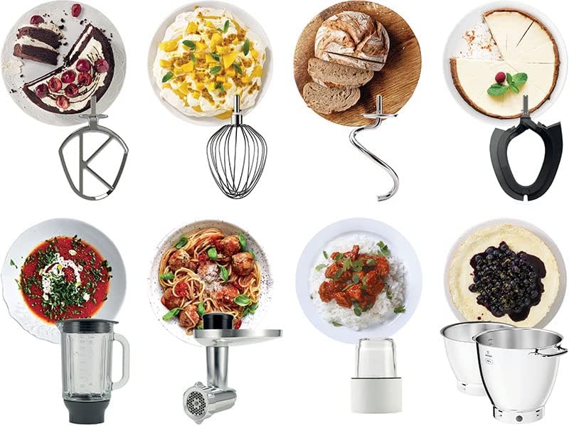 Collection of kitchen utensils with food items on plates