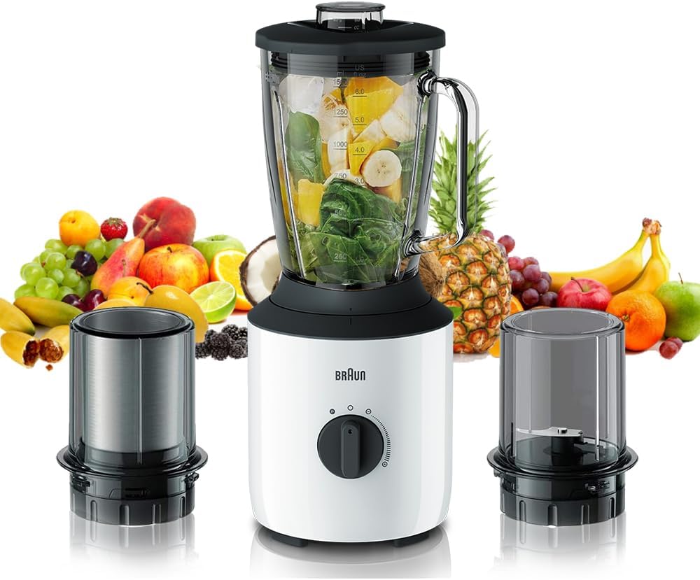 Braun PowerBlend 3 glass jug blender JB 3173 with 800W motor and 1.5L capacity, featuring a clear glass jug and modern design.