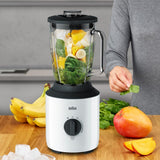 Braun PowerBlend 3 glass jug blender JB 3173 with 800W motor and 1.5L capacity, black and silver design.