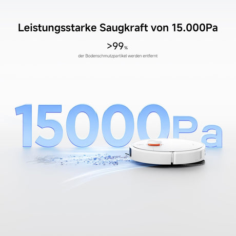 Robotic vacuum cleaner with text about suction power on a white background