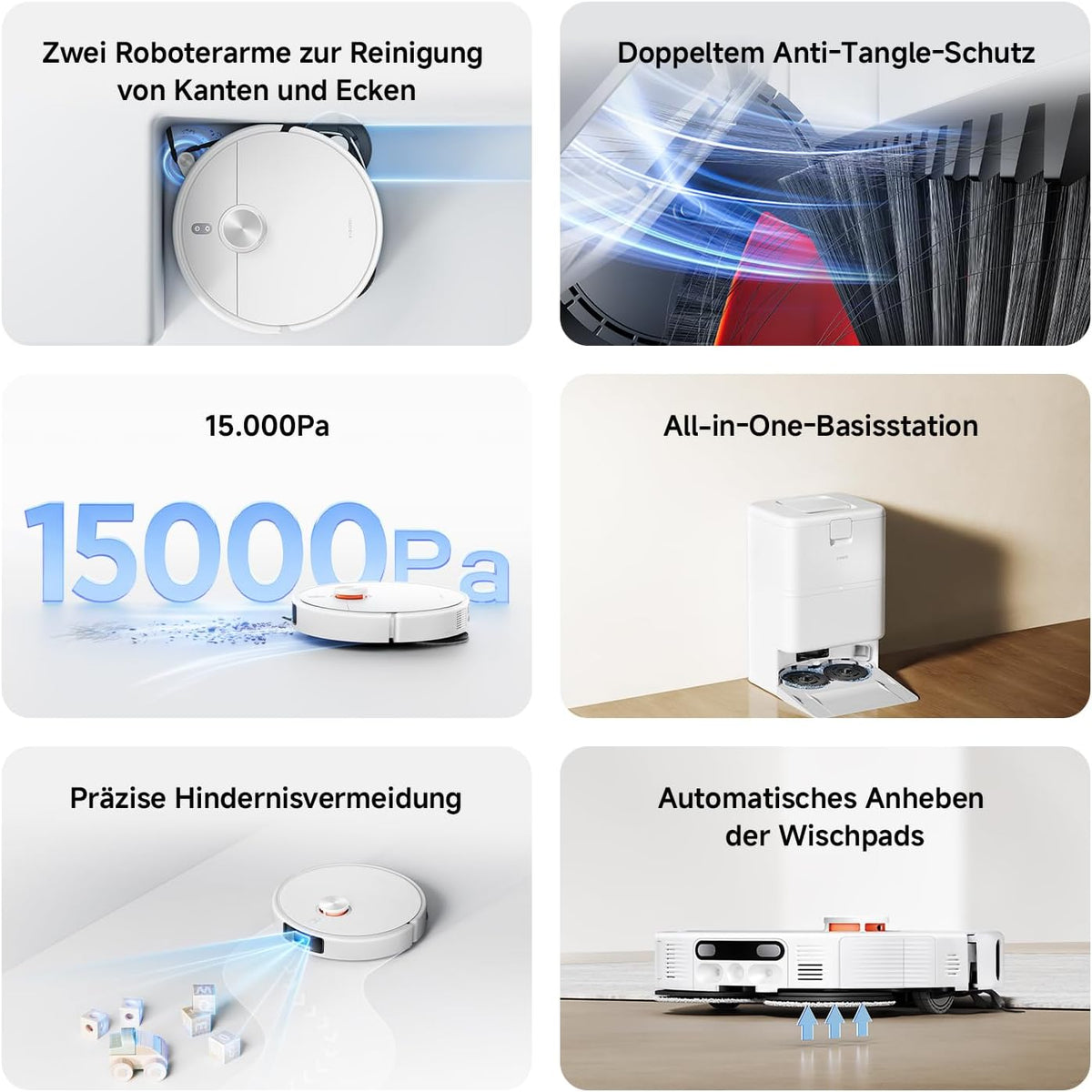 Collage of a robot vacuum cleaner with features highlighted in German text.