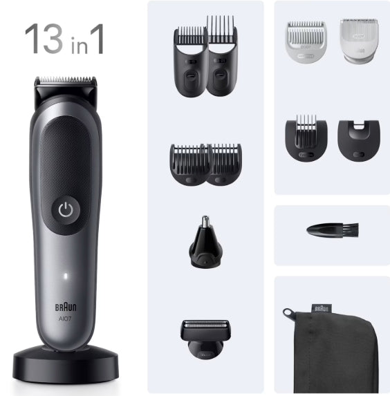 Braun 13 in 1 cordless hair trimmer shown with multiple interchangeable attachments and accessories on a clean white background.
