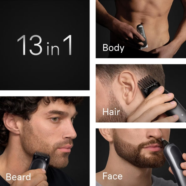 A collage showing a 13-in-1 beard trimmer and clipper being used on body, hair, beard, and face, with close-up views of a man's head and torso against a dark background.