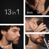 A collage showing a 13-in-1 beard trimmer and clipper being used on body, hair, beard, and face, with close-up views of a man's head and torso against a dark background.