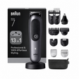 Braun Series 7 13 in 1 cordless hair trimmer shown with its retail box and multiple attachment heads on a white background.