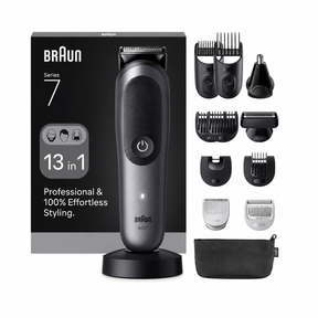 Braun Series 7 13 in 1 cordless hair trimmer shown with its retail box and multiple attachment heads on a white background.
