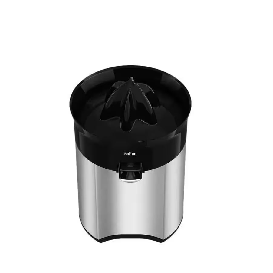 Juicer with black top and silver base on a white background