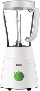 Braun blender with a clear container and green base on a white background