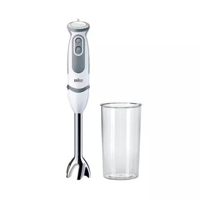 Taghareed Braun MultiQuick 5 hand blender in white and grey with 21 speeds and stainless steel blade, includes a 600ml plastic beaker.