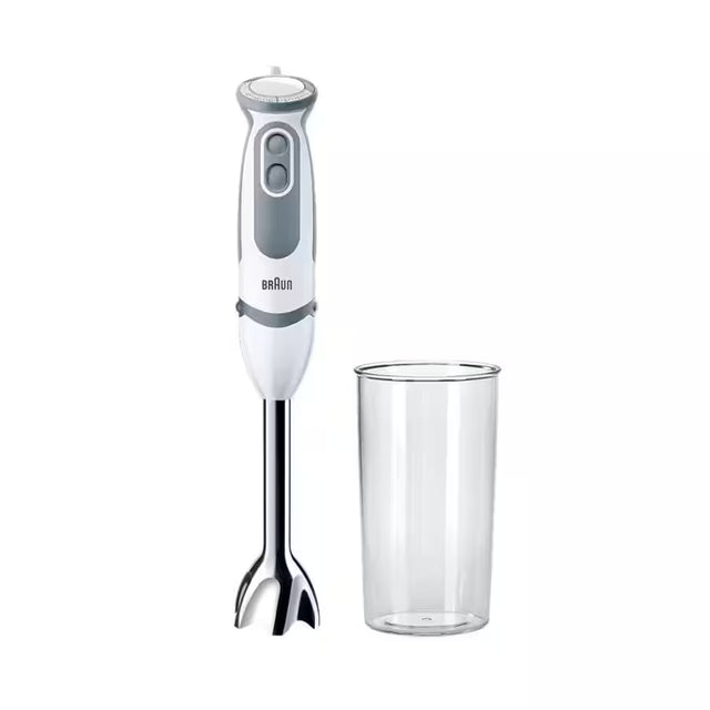 Taghareed Braun MultiQuick 5 hand blender in white and grey with 21 speeds and stainless steel blade, includes a 600ml plastic beaker.