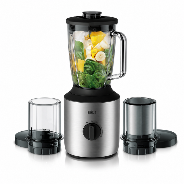 A Braun countertop blender with a stainless steel base, black lid, and clear jar filled with green leaves and yellow fruit pieces. Two clear and black accessory cups sit on either side on a white background.