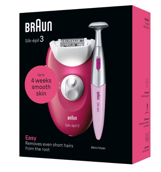 Braun Silk-épil 3 3-202 Epilator – 20 MicroGrip Tweezers, Smart Light, Massage Roller & Bikini Trimmer