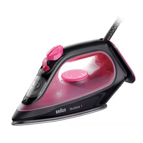 Braun TexStyle 1 steam iron in black and pink with a SuperCeramic soleplate and 2000W power for daily ironing.