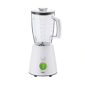 Braun TributeCollection white jug blender with a 2L BPA-free plastic jug, 800W motor, 5 speeds, and turbo function. Features a unique triangular jug for optimal blending.