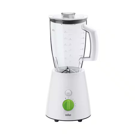 Braun TributeCollection white jug blender with a 2L BPA-free plastic jug, 800W motor, 5 speeds, and turbo function. Features a unique triangular jug for optimal blending.