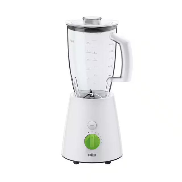 Braun TributeCollection white jug blender with a 2L BPA-free plastic jug, 800W motor, 5 speeds, and turbo function. Features a unique triangular jug for optimal blending.