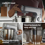 Kenwood stand mixer with LightLift head, nesting bowls, and precise electronic control features.