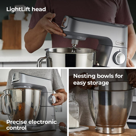Kenwood stand mixer with LightLift head, nesting bowls, and precise electronic control features.