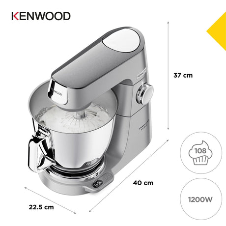 Kenwood stand mixer with dimensions and power rating on a white background