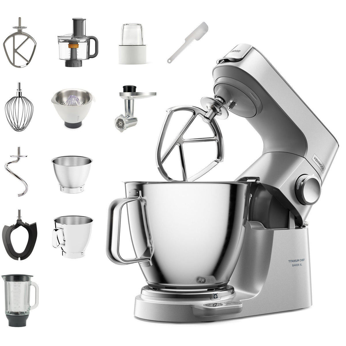 Silver stand mixer with various attachments on a white background