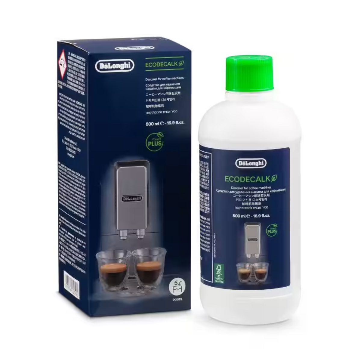 A bottle of Delonghi Ecodecalk Plus coffee machine descaling liquid with a bright green cap next to its dark blue retail box, shown on a white background.