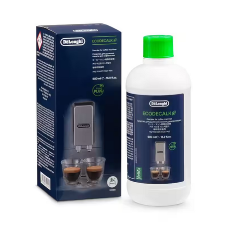 A bottle of Delonghi Ecodecalk Plus coffee machine descaling liquid with a bright green cap next to its dark blue retail box, shown on a white background.