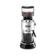 A De'Longhi coffee grinder with a silver metallic body, black accents, and a clear bean hopper filled with coffee beans, set against a plain white background.