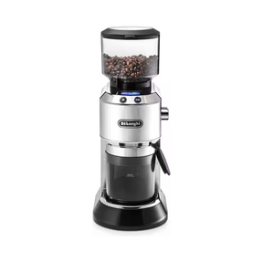 A De'Longhi coffee grinder with a silver metallic body, black accents, and a clear bean hopper filled with coffee beans, set against a plain white background.