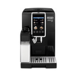 A black De'Longhi Digmica Plus automatic coffee machine with a silver water tank and a digital touch screen interface, shown on a solid white background.