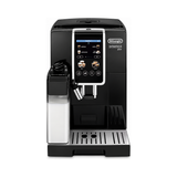 A black De'Longhi Digmica Plus automatic coffee machine with a silver water tank and a digital touch screen interface, shown on a solid white background.