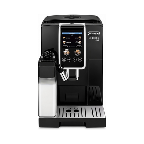A black De'Longhi Digmica Plus automatic coffee machine with a silver water tank and a digital touch screen interface, shown on a solid white background.