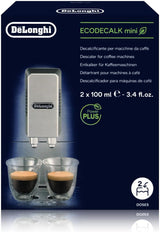 DeLonghi ECODECALK mini decalcifier packaging with coffee machine and cups on a dark background