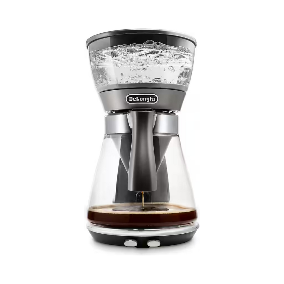 A De'Longhi glass coffee dripper with a clear water reservoir and a glass carafe showing coffee dripping, on a white background.