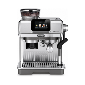 A De'Longhi La Specialista espresso machine in stainless steel, featuring a digital touch screen, bean hopper, portafilter, and steam wand, set against a plain white background.