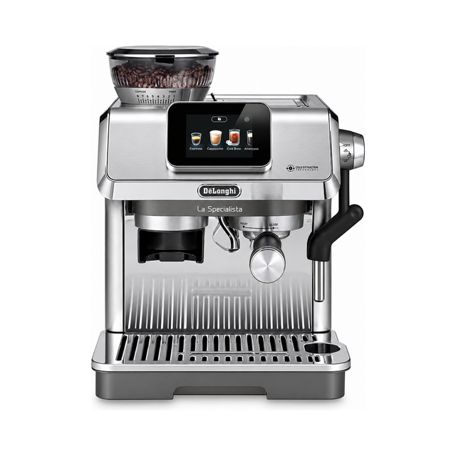 A De'Longhi La Specialista espresso machine in stainless steel, featuring a digital touch screen, bean hopper, portafilter, and steam wand, set against a plain white background.