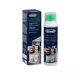 A bottle and box of Delonghi Eco Multiclean coffee machine cleaner, featuring a dark blue packaging design with a green cap and product label.