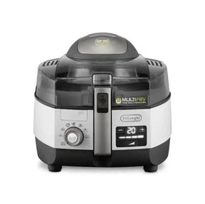 De'Longhi MultiFry Your Mini Fries Air fryer in black and silver, featuring a digital display showing 20 minutes and a dial on the front, set against a plain white background.