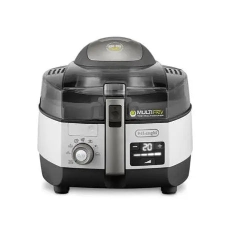 De'Longhi MultiFry Your Mini Fries Air fryer in black and silver, featuring a digital display showing 20 minutes and a dial on the front, set against a plain white background.