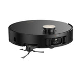 A sleek black robotic vacuum cleaner with a circular top surface, a central metallic button, and a side control panel, shown on a plain white background.