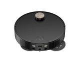 A black circular robotic vacuum cleaner with a brushed silver metallic button on top, shown from a high-angle perspective on a solid white background.