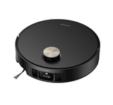 A black robotic vacuum cleaner with a circular design, featuring a silver central button and a small visible cord, shown on a plain white background.