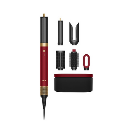 A red and black hair styling tool with gold accents, shown alongside several interchangeable attachment heads and a matching red-and-black storage case on a plain white background.